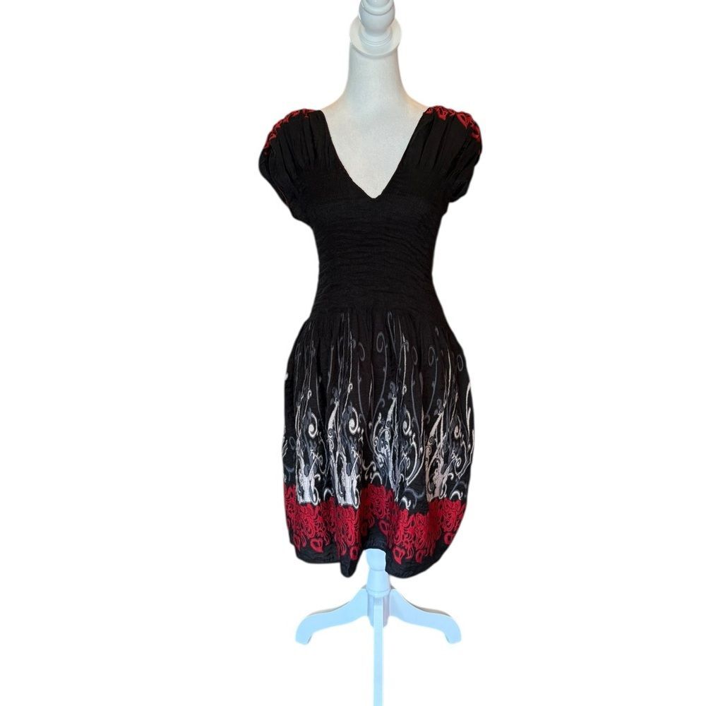 Max Edition Dress Jacquard Smocked Top Fit and Flare Black Red Womens Medium